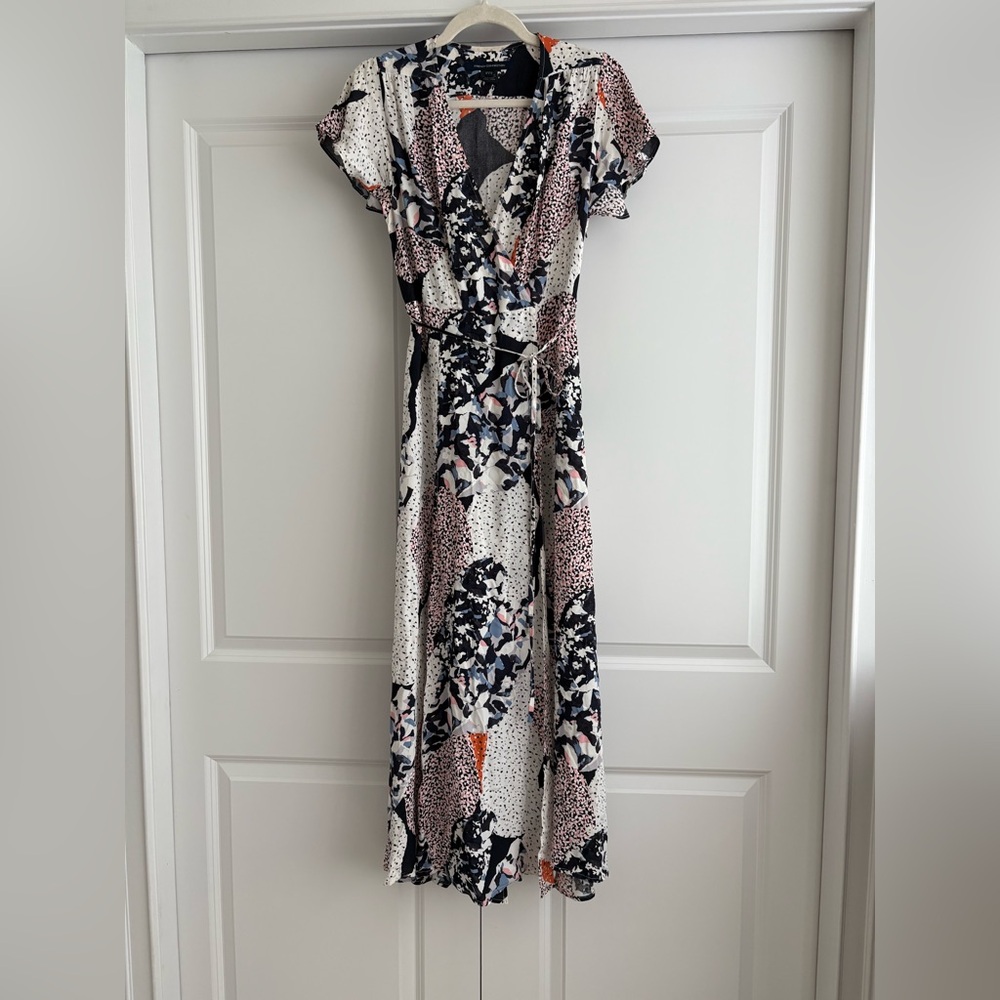 French Connection Geometric Print Maxi Dress with Flutter Sleeves and V-Neck